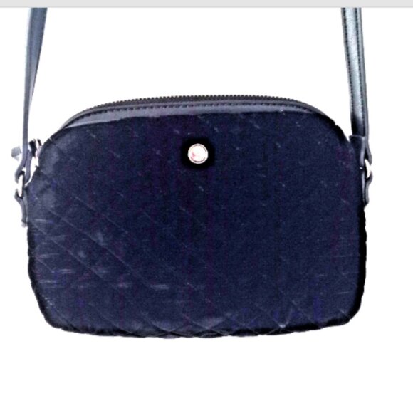 NINE WEST Black Velvet Quilted HANDBAG Small Crossbody Snap Adjustable Strap - Picture 9 of 10